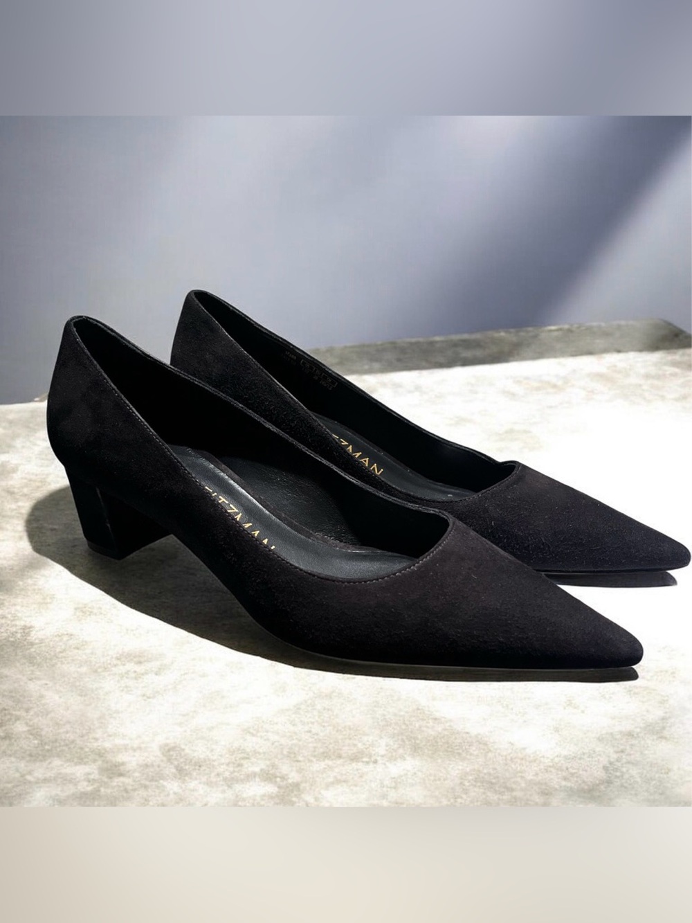 Stuart Weitzman black suede pointed-toe pumps with block heel. Women’s 7.5